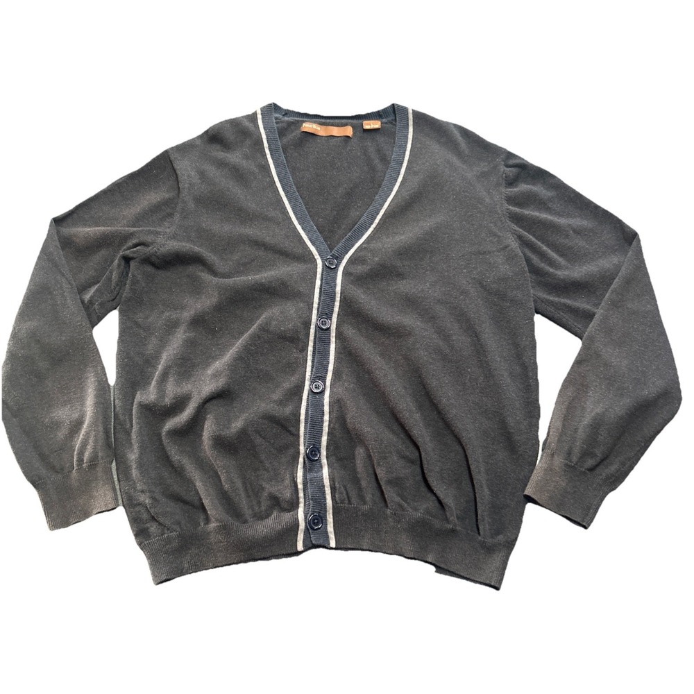 Perry Ellis Charcoal Gray Button Front Cardigan Sweater Mens L 100% Cotton